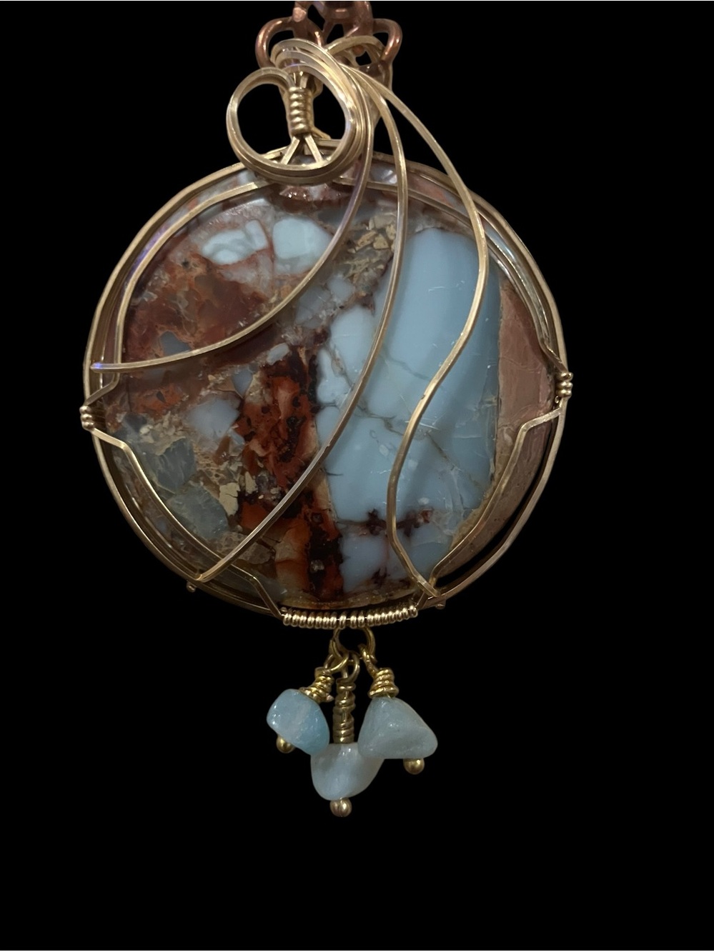 Artisan Regalite Jasper Wire Wrapped Pendant Statement Collar Leather Necklace